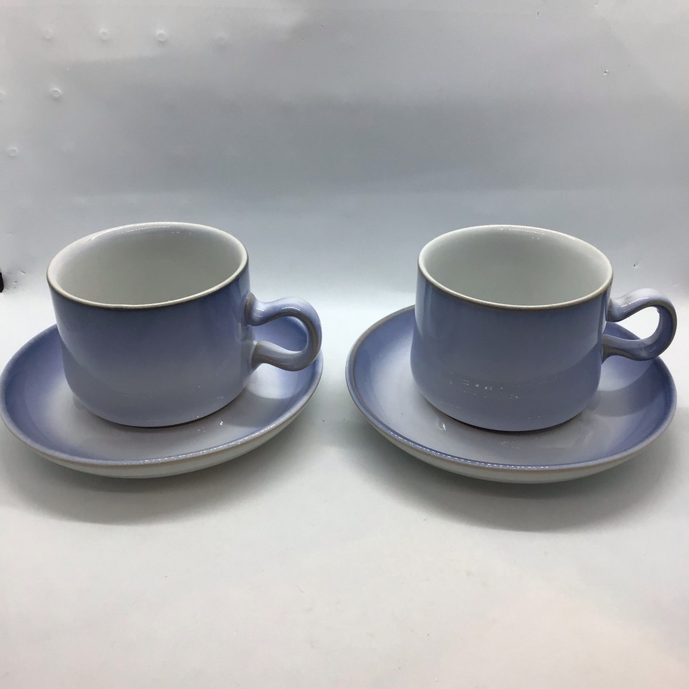 Denby Langley Biarritz Blue Stoneware Flat Cup & Saucer Set England Discontinued